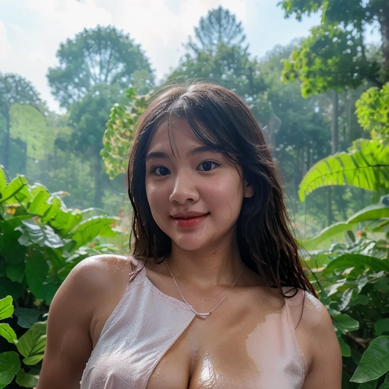 curvy short hair japanese woman 20 years   beautiful (good figure) , huge breast, A photorealistic, a beautiful woman soldier in a rain forest, topless with ripped shorts on a bed outside precision, sweat, heavy rain, random pose full body angle, heavy rain, amid colorful lights and bokeh effects, photo realistic, cinematic, movie still, summer vibes, captured in the style of Sony Alpha A7 III camera --ar 2:3 --s 500 --v 6.0  wet hair, large tit, big body,  long legs, see pink nipple, smile