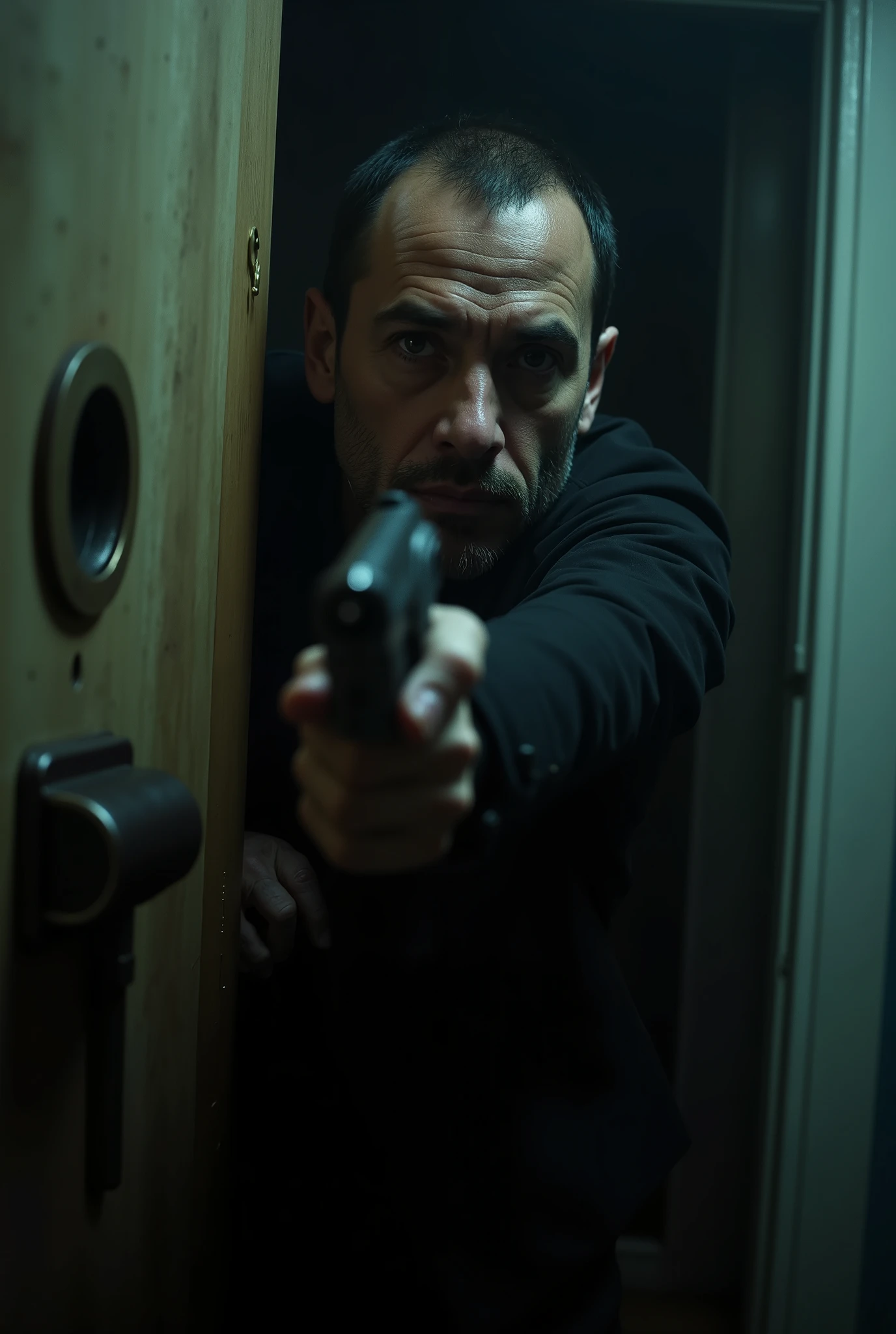 Realistic image、realistic photo style、realistic skin texture、peephole、A man with a gun is standing across the door、dramatic images、Thrilling Expansion