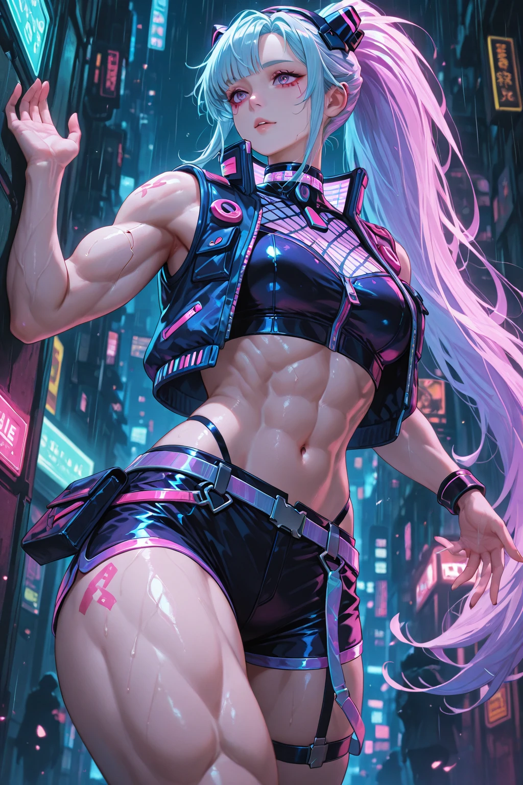((1 girl:1.3, solo))、absurdres, ultra-detailliert, digitial illustration, Meticulously drawn hair, Meticulously drawn eye, double E cup breast, Glossy realistic skin texture、Smooth texture、shiny skin、Sexy body, ((cyberpunk))、((jojo posing:1.4))、((arched back))、glaring look、((Being in midnight city:1.2))、((sleeveless:1.2))、((ripped:1.2,  hot pants:1.4, highleg:1.3))、((latex))、((crop top navel:1.2))、((wedgie:1.2))、((huge hip:1.3))、Sharp Focus, full body