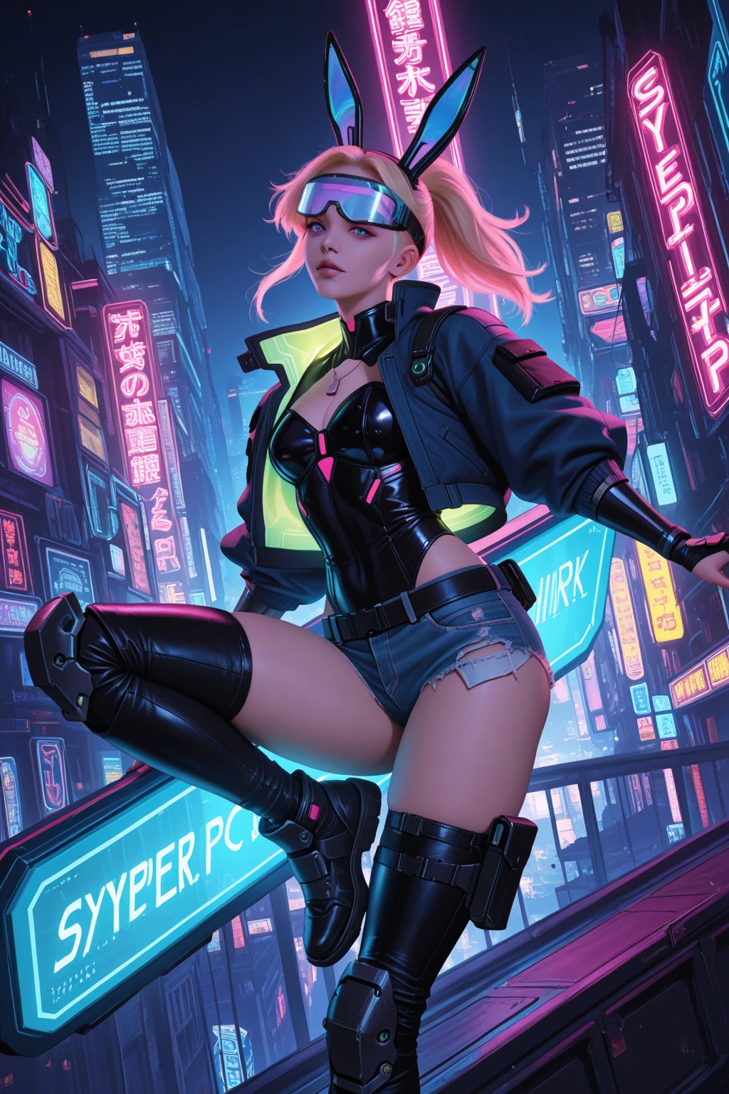 A beautiful European girl, on the roof of cyberpunk building, neon, serious face, wearing purple medieval dress, jewelry, cleavage, full body. She is 24 years old, has blond ponytails and blue eyes. Her cloth is stylish and her overall appearance is stunning. The girl's face is extremely detailed with beautifully detailed lips. Her skin is anatomically correct with realistic textures. The image should have super high details and be of the best quality, with a resolution of 8K. The final result should be a masterpiece, showcasing the girl's beauty and the vibrant atmosphere of The neon cyberpunk city and the night