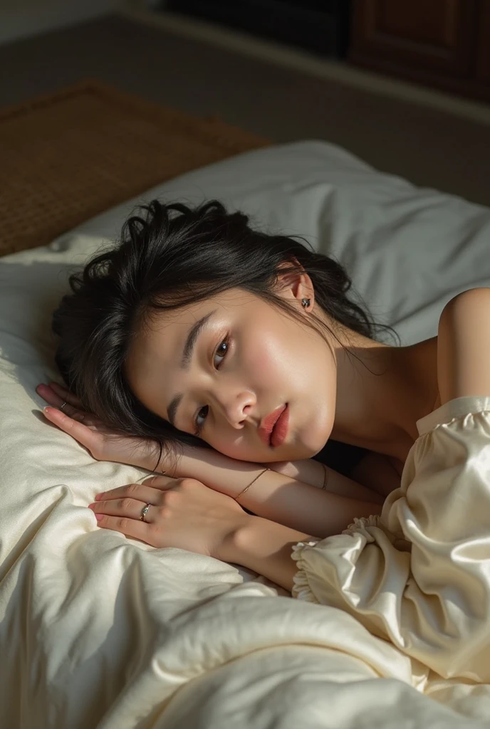 (Best Quality,8K,masutepiece:1.2), Ultra-detailed, Realistic, Japan girls with cute faces, Beautiful detailed eyes, expressive and melancholic look, long eyelashes, Wearing a loose T-shirt, Lying face down on a modern bed, Random hairstyle, In a fairytale room, Cinematic lighting, Photorealistic skin, Shot with a Leica camera, Vintage film atmosphere.Cinematic, 35 mm, Photograph--. 虹5 --- s 180