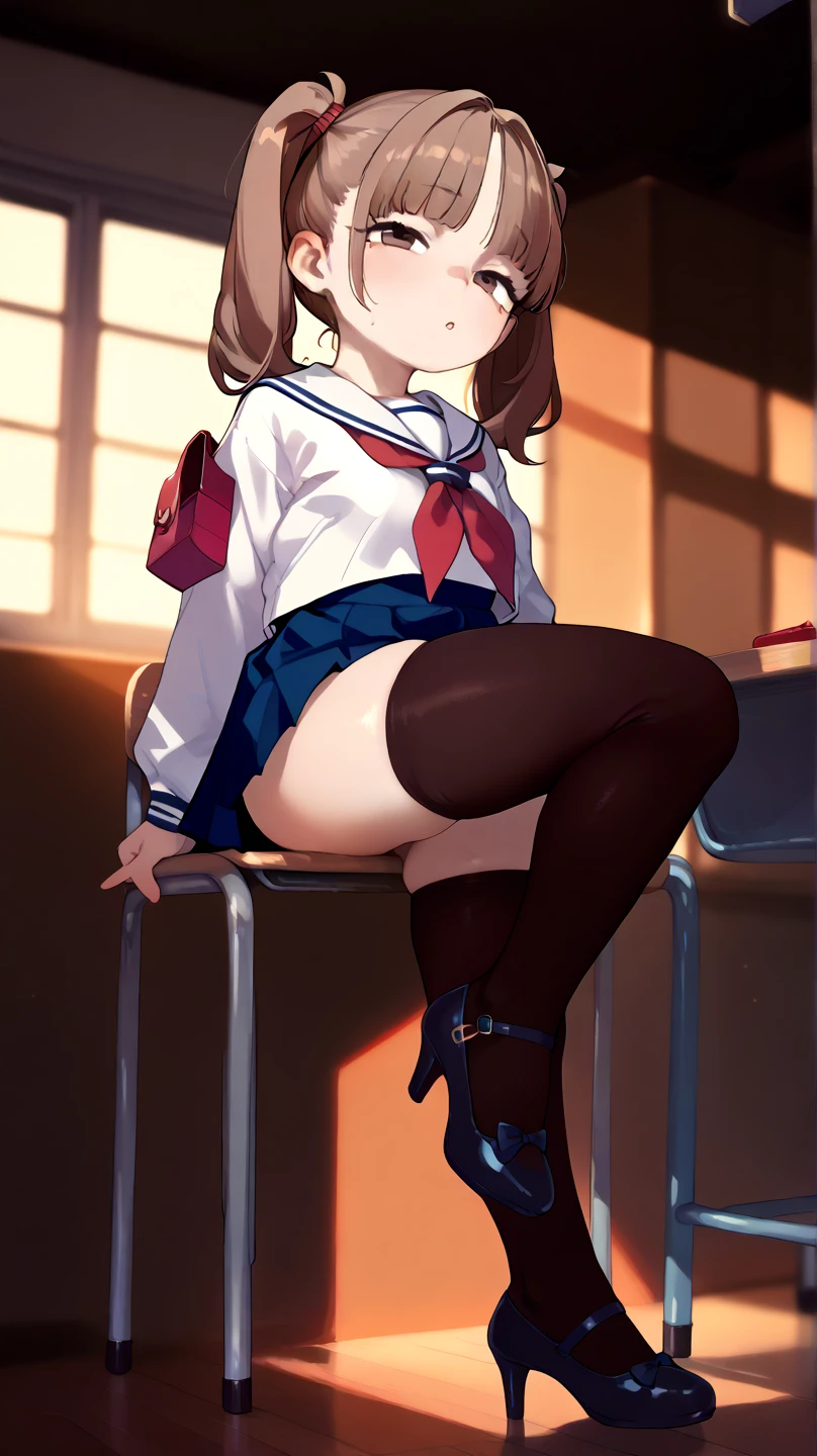 (masterpiece, best quality:1.2),illustration,8k,hd,1girl,solo,upper body,(portrait:1.2),long hair, single braid, black serafuku, black , pleated skirt, shigure, ahoge, brown hair, blue eyes, braid, hair ornament, hair over shoulder, long hair, single braid, hair flaps, black gloves, black serafuku, black shirt, black skirt, fingerless gloves, gloves, neckerchief, pleated skirt, red neckerchief, sailor collar, , serafuku, shirt, skirt, white sailor collar、13 year old girl、1 girl, UHD, retina, masterpiece, Accurate, anatomically correct, Super detailed, advanced details, high quality, Award history, 最high quality, High resolution, hd, 4k,(anime,8K,masterpiece, high quality, high quality,beautiful and aesthetic:1.2,professional illustration:1.1,Super detailed:1.3,perfect lighting),very detailed,most detailed,High resolution,cute pose,embarrassing,classroom,(wear a uniform inside:1.5),(school uniform:1.9),black hoodie,(open clothes:1.5),(get your knees up:1.5),(white underwear:1.5),Hide embarrassment,embarrassing