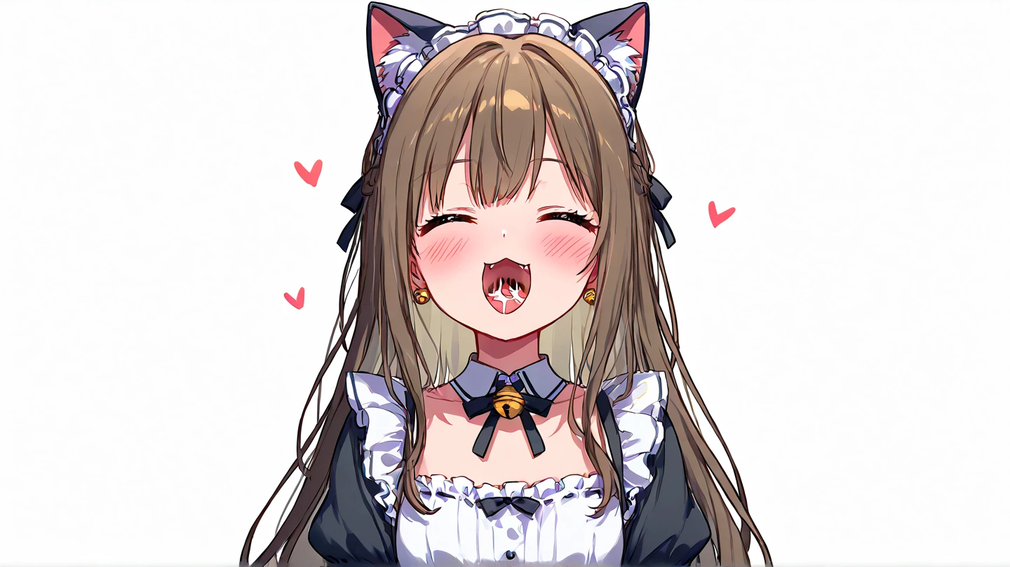 It 1, flower, Twin tails, low Twin tails, Very long hair, dog girl choker, Maid&#39;s Headdress, Black kimono, Wide sleeves, Frills, heart, White apron, Sleeves are longer than the wrist, skirt, red skirt, Brown footwear, Cross-laced shoes、Huge breasts、blush、surprised、trembling、Huge penis、Upper Body、Sticking out tongue、
アヘface、Drooling、from the front、face
