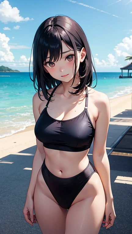 From above、((Big Breasts))、(Put your hands on your hips),(((Lie on the beach with your legs wide open)))、On the beach in the daytime、(((Pubic hair is black and thick)))、short white tank top、(Very small high leg thongs that fit snugly around the buttocks)、Because it's tight、(((buttocks are small)))、Beautiful girl with beautiful hair、((Laugh shyly))、Big eyes、Small face、、Looking into the distance。Great balance of style、Long legs,Beautiful、(((((Close-up of a cute raised mound)))))