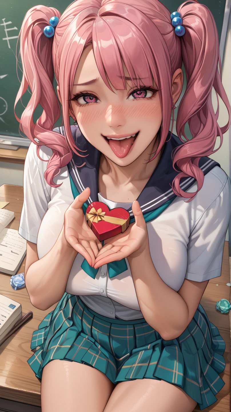 score_9, score_8_up, score_7_up, uncensored, yor briar, black hair, white hairband, red eyes, BREAK (masterpiece:1.2), best quality, high resolution, (detailed eyes:1.3), perfect lighting, (perfect hands, perfect anatomy), 1girl, miniskirt, blush, front view, stockings, classroom, day, indoors, lens flare, school chair, school desk, valentine, window, wooden floor
