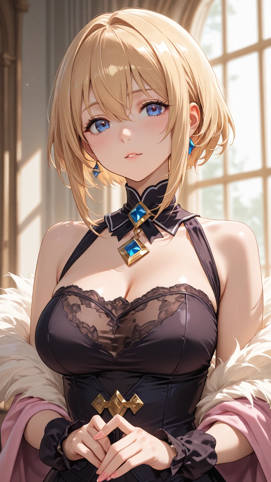 highest quality、Best image quality、masterpiece、Exact number of arms、Exact finger count、Adult women((Age 25、Naked:1.5、Very large breasts:1.5、Showing nipples:1.5,Blonde、blue eyes、Chain Accessories、Black wristband on wrist、,Slender))highest quality,background((bed))、Sit on the bed、((From head to thighs)),((Short Hair)),((Inward Curling Bob))