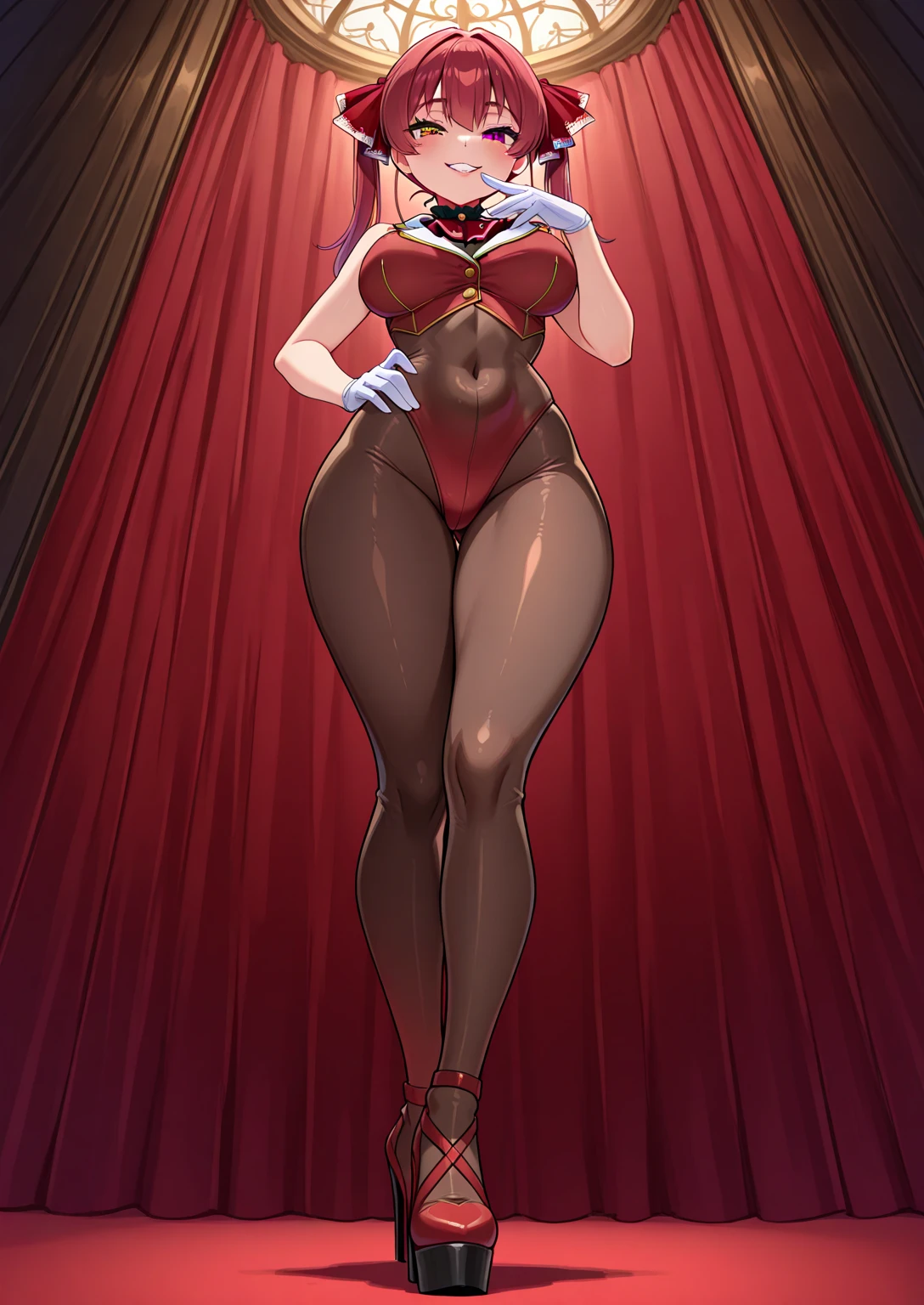 masterpiece, best quality, ultra-detailed, adult Cala 1girl, solo, bunny girl, holding tray, large exposed breasts, puffy nipples, strapless leotard, bracelet, bowtie, full body, high heels, leg up, knee bend, knee kick, smiling, winking, red hair, spiky hair, full body, looking at the viewer, female focus, green eyes
