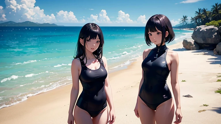 ((masterpiece,best quality,ultra detailed,high resolution)),(daytime,clear weather,bloom,front-light),looking viewer,((2-girls,beautiful-girls)),(black hair,straight hair),(beautiful detailed face,beautiful detailed eyes),(finely detailed skin,fair skin),slender,light smile,(slingshot-swimsuit,blue-swimsuit,impossible clothes),(on the beautiful lake,beautiful sky),((cowboy shot)),(medium-breast,perky-breast,big-hip),(cameltoe),(puffy nipples:0.8),(nude:0.6)