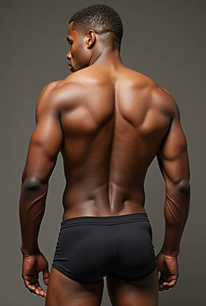 Black teenager of 15 years old with a very short stature, muscular with a large back and strong arms, shirtless and wearing tight underwear with a bulge marking his private parts with short hair and a cute face and 