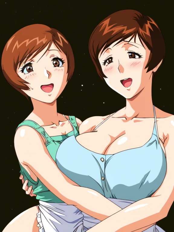 masterpiece, highest quality, High resolution, One girl, solo, sexual intercourse, Pornographic images, short hair, etsukoto, brown Eyes, fine grain, fine grain, (((Thick thighs, Plump thighs, Voluptuous thighs, Thighs alone are enough))), Huge and ample breasts, Cleavage, big long breasts, Naughty big,((big breasts are important))、((Naughty thighs)), L Cup, (thin:1.4),(Tight waist:1.4),  (yellow micro dress:1.4), ((white waist apron)), smile, open mouth, blush, white panties,  (((Simple Background))), ((Wide Hips)), Shiny, Oily skin, Mature mother, Calf, Seductive mature woman, milf, Perfect body, Plus Size Model, curvy, ample, etsukoto, blush, clavicle, retro artstyle, 1990s (style), (thick thighs:1.4), lying, side on,