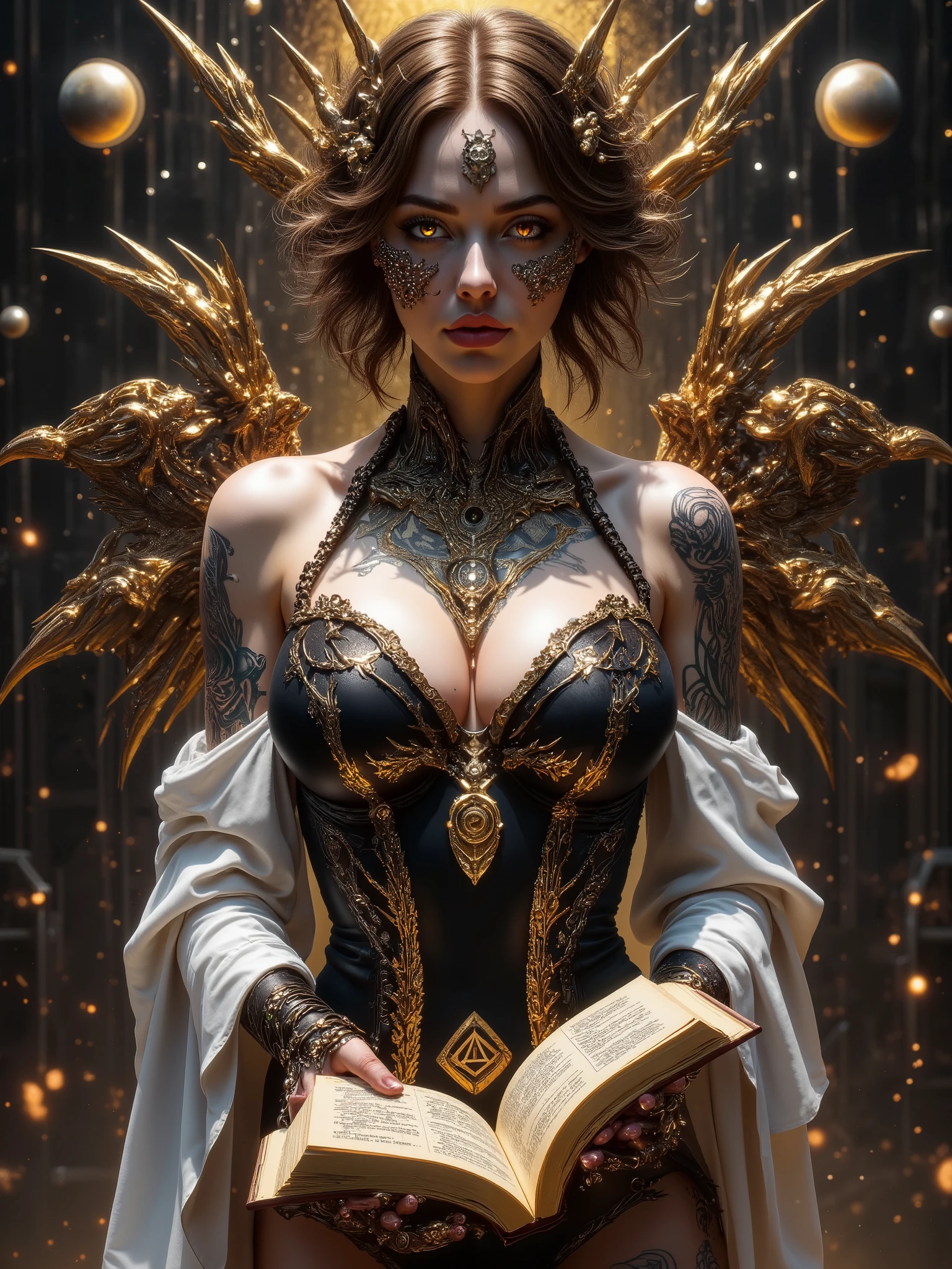 Surreal Painting,  An extravagant, petite buut hourglass shaped mysterious female figure dressed in intricately embroidered black and white finely cut seductive attire that hides nothing about her perfectly made voluptuos and statuesque form that recalls tales of Helen of Troy or Persephone,  that hugs her ravishingly captivating form, showing plenty of cleavage and elegantly tattooed skin but nothing too indecent, A jeweled rosary with a largepentagram instead of a cross rests on her shoulder,Allusions to a historical or religious background or past lives but of an occult nature, secret histories and universal laws of the metaphysical world are hinted at in her expressive mysterious eyes, her hands are tightly gripping a very ancient illuminated book of Alchemy glowing with ancient magics and Angelic Enochian magic, with arcane graphs and suggesting studiousness and contemplation, A number of abstract shapes and dragon heads, cyclops things and creatures of myth blend seamlessly around the mysterious figure's head,Set against a vivid , an alien cosmic montage of strange vistas of backdrop, Jagged iridescent geometric shapes, The background features celestial bodies such as planets and moons,Above these shapes are disarticulated eyes,Adding to the dreamy, mysterious atmosphere, The scene is set in a dark, expansive temple open to the sky, Suggesting a journey through time and space, The contrast of light and shadow, Fantastic Mood, A visually appealing piece, Deep symbolism, Various interpretations.