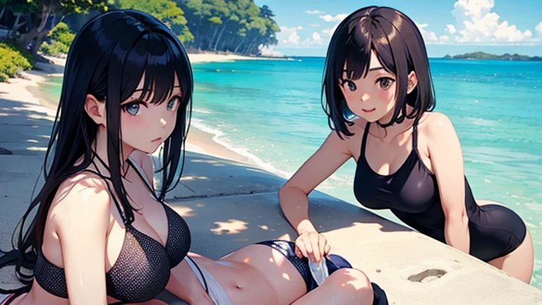 a beautifully detailed anime-style masterpiece of a girl smirking playfully on a summer beach, rolling up her t-shirt to reveal a flashy swimsuit, with cute freckles, a mole under her left eye, sensual and cute, brushing sand off her thighs, wet hair, sun-kissed skin, flushed complexion, underboob visible, Bcup breasts, (1girl:1.1), (best quality,8k,highres,masterpiece:1.2),ultra-detailed,(realistic,photorealistic:1.37),vivid colors,professional,studio lighting,whole body,