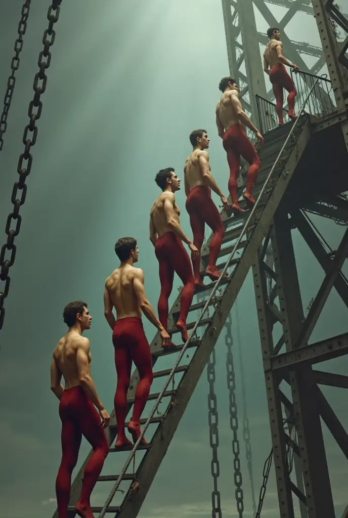 Imposing hall of a historic building from 1650 with luxurious staircase, with 20 men in their underwear walking down the stairs.