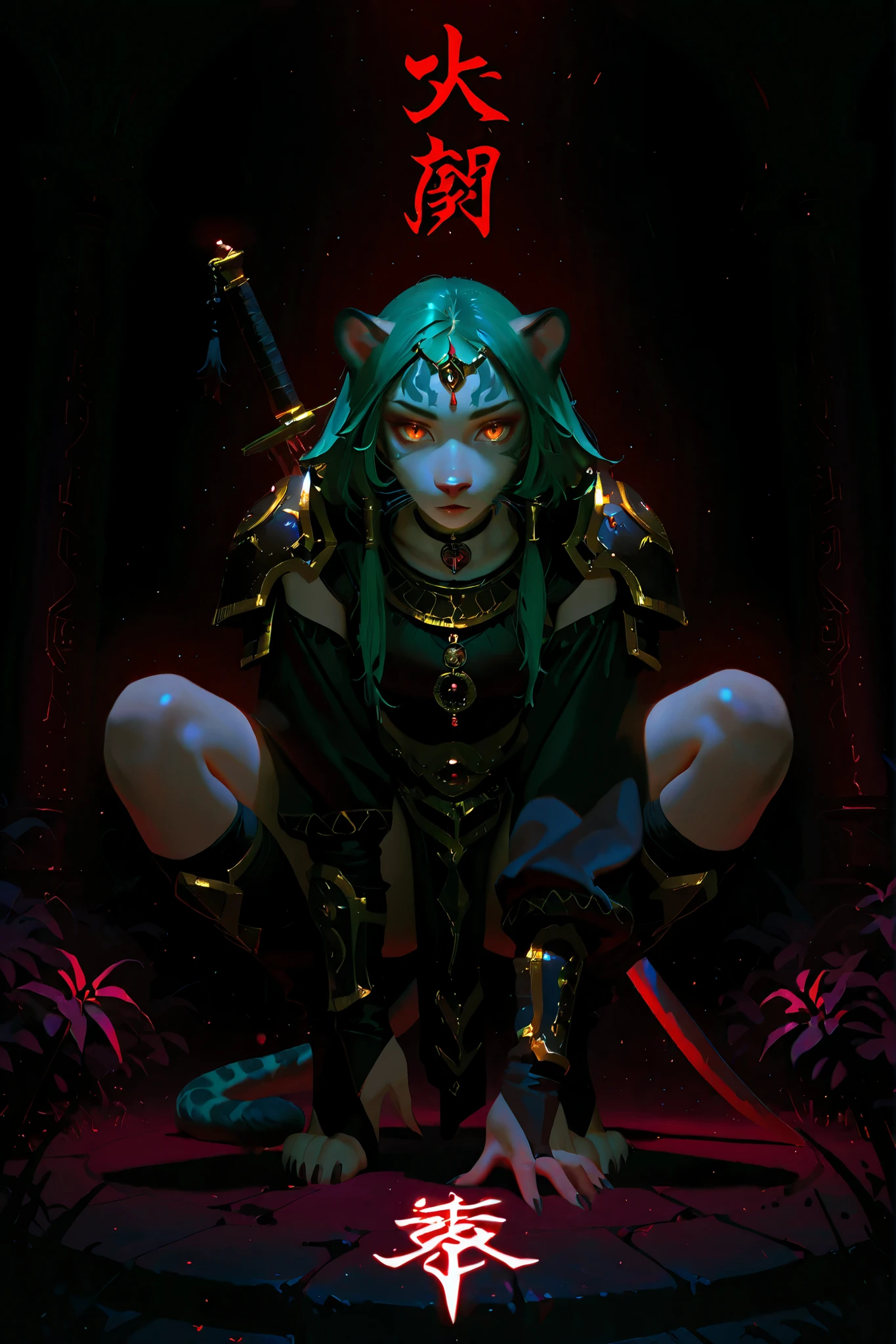 A stunning female warrior, inspired by Asian mythology and fused with the primal essence of a black panther, emerges from a richly embroidered jungle tapestry that glows with mystical patterns. Her pale skin creates a dramatic contrast with her dark, sleek outfit, which evokes the stealth and elegance of the panther.

She has shoulder-length deep blue hair, with wild strands swaying in the jungle air. Her amber eyes glow intensely like a nocturnal predator’s gaze, locked on her unseen enemy.

Her battle outfit is a flowing yet tactical Asian-style armor, layered with jungle-dark fabrics, matte and glossy textures, and accented with obsidian-black patterns that resemble panther fur. Her sleeves are wide and move like shadows; the armor has claw-like gold and obsidian ornaments, panther-stripe embroidery in deep blue and jet black, and a long, panther tail with subtle metallic armor plating.

Around her neck: a bone-and-gold choker, carved with ancient feline spirit runes. Her slender body moves like a shadow in motion — she’s caught mid-combat, in a dynamic, low squatting pose, one leg extended behind for balance, torso twisting with coiled force.

In her hands she wields a massive, curved bladed glaive, designed to resemble a panther’s claw, forged from ancient blacksteel, glowing faintly with warm golden-purple energy that pulses like a spirit heartbeat.

The background is a dark jungle-themed Asian tapestry, filled with embroidered temple ruins, moonlit foliage, glowing feline eyes in the underbrush, and symbols of panther spirits, stitched in obsidian, emerald green, blood red, and deep violet.

She emerges from the tapestry, breaking the 2D plane with depth, shadow, and light. Rim light in faint purples and golds outlines her figure, and soft mist and dust particles float in the humid air, enhancing the sensation of the jungle’s spirit world awakening. Her feet touch a dark stone floor covered in jungle vines and claw marks.

The atmosphere is mystical, elegant,