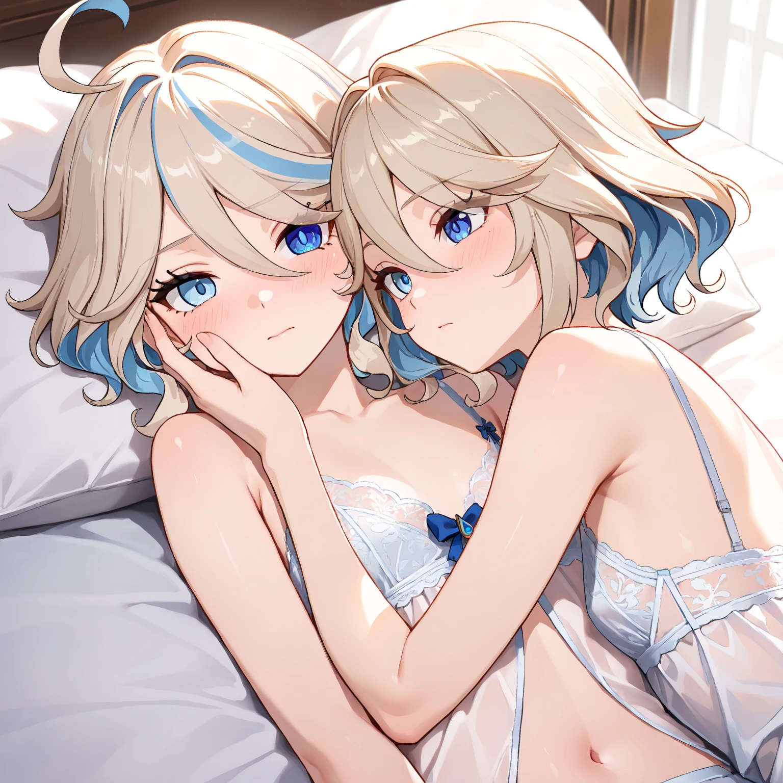 Make a white girl with short white hair in black panties and bra, deitada na cama com as pernas abertas