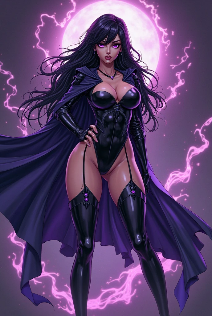 illustration ,color pencil , middle eastern woman, wearing latex legwear villain costume, at night, curvy body, in comic style, art by Susan Van Camp