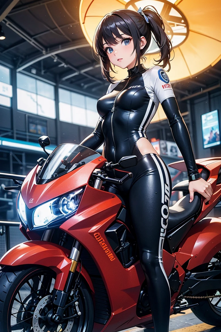 A big-breasted girl wearing tight-fitting clothes and driving a motorcycle