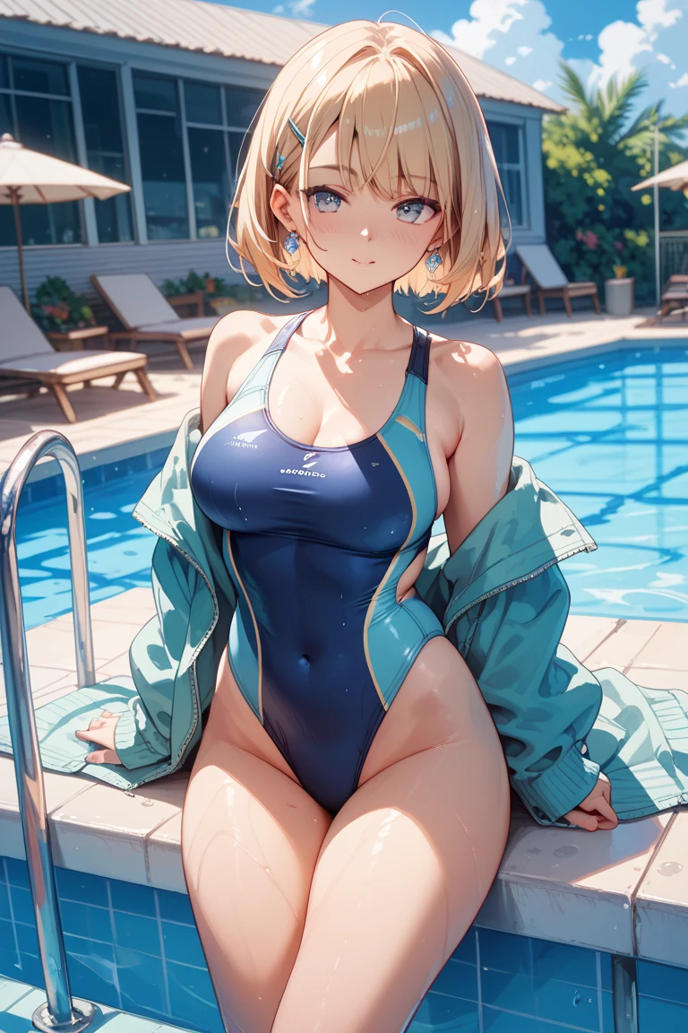 Beautiful fece, masterpiece, top-quality, hiqcgbody, animesque,18 year old girl with short blonde hair,Train the back of your butt while crawling on all fours, Chest is medium, olympic swimmer,Cleavage emphasis, breasts slightly enlarged、Transparent transparent white swimsuit, portrait shot, Look at viewers,, Outdoor pool, wetted skin, intricate detailes,>,((coverd)、Versatile sexy poses