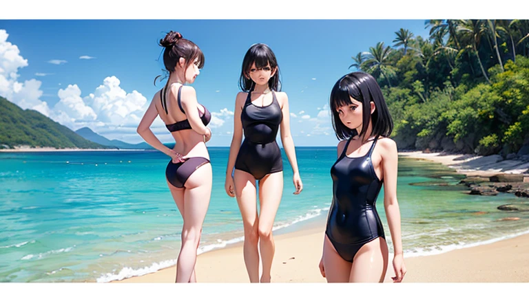 (((High resolution:1.5))), (((Very detailedな:1.5))), (((Three Girls:1.3))),((７Head to Body:1.3))、 (((beach,Outdoor、Midday light background)))、(((Happy expression))), (((smile:1.5)))、(((Beautiful and detailed eyes:1.3))), (((Very detailed))), (((Details face:1.5))), break ,sunny、(((collarbone:1.5))),(((off shoulder:1.3)))、(((Race Queen:1.3))),(((Very delicate body:1.3)))、(((Very flat chest:1.5)))、((Small waist))、((thigh gap:1.3))、Friendly atmosphere、(from side:1.2),((((Unique hairstyles:1.5))),