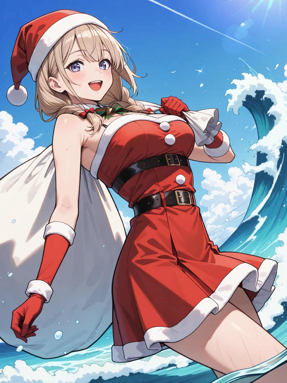 super high quality, 8k, RAW photo, realistic, beautiful woman wearing a super micro bikini, Santa Claus cosplay, beach on a southern island, reindeer, Christmas tree, presents, scattered golden confetti, sunshine