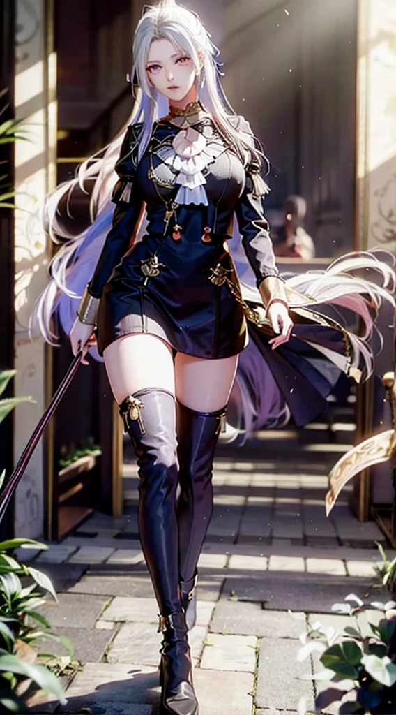 <lora:add_detail:0.6>(extremely detailed CG, best quality:1.1)veil, yellow eyes, long hair, elbow gloves, bare shoulders, dress, pantyhose, thigh boots, high heels, full body, depth of field, <lora:hte-v100:0.6>