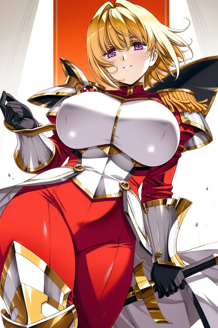 (perfect body),((table top, highest quality, High resolution, nffsw, perfect pixel))、Anime Screen Capture、((obesity))、blush、1 girl,(((bullish look、showing teeth、smile)))、((hands on hips、Are standing)),(((huge breasts)))、((((thick thighs、big ass、wide hips))))、((blonde hair))、(((Drill perm、long hair)))、(((Red sci-fi suit、open-chested clothes、leotard with ruffles、white knee socks、Western Armor of Gaul))、(((green eyes)))、roof of the building、Noble、((lady))、from below