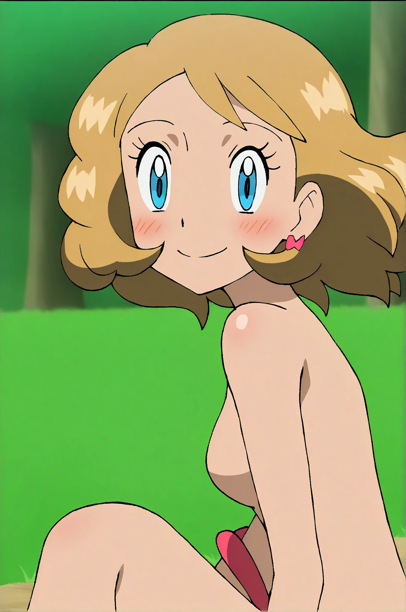 masutepiece, Best Quality, hight resolution, Outdoors, 1girl in, Solo, May (A pokémon), bandana, (((huge breasts))), (forrest:1.1),(((Naked ))), ((no clothes))),, small breasts, looking down, from below, spread legs, ( no underwear) ,showing pussy, adult, hairy pussy, touching pussy , cum dripping from pussy