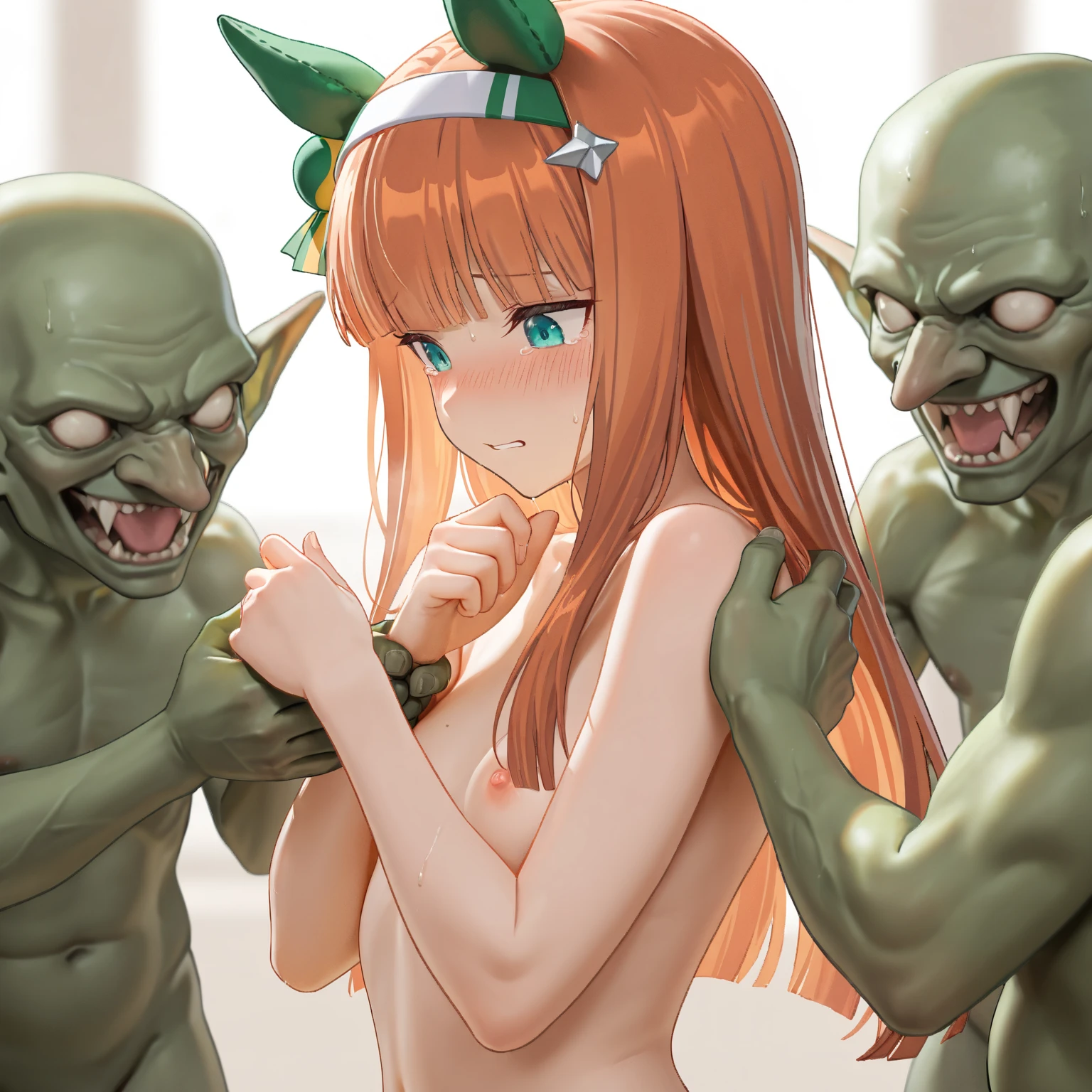 score_9, score_8_up, score_7_up, source_アニメ, sakimiya iruka, red hair, green eyes, one side up, medium hair, green scrunchie, hair ornament, shiny skin, rating_explicit, large breasts, large ass, completely nude,(tearful), (tears:1.2), shout,(sweat:1.3), (steam on body, heavy breathing), (trembling:1.3), drooling, bouncing breasts, unaligned breasts,(motion lines:1.2), motion blur,(pussy juice, Squirting:1.5), (clitoris), pussy peak, sitting position, straddle chair, (orc,1man, vaginal penis), (crotch grab, Finger fuck, fingers in pussy:1.3), pole dance, on stage