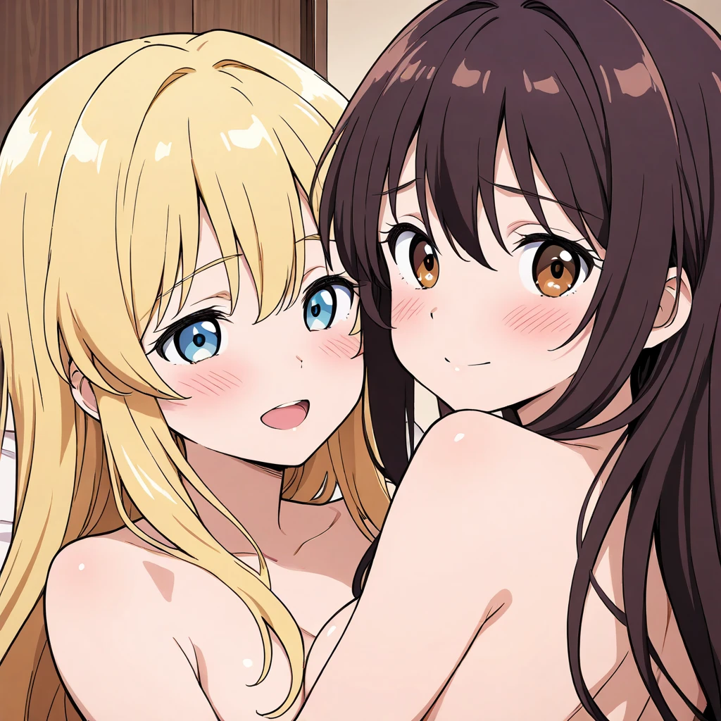 highest quality, High resolution, An illustration, 2 girls, Japanese beautiful girl, (nude:1.5), spread legs, Smile, brown eyes, drooping eyes, blonde, long hair, short bob, slender, Are thin, big breasts, small butt, white skin, morning, bright light, Large suite, large bedroom,