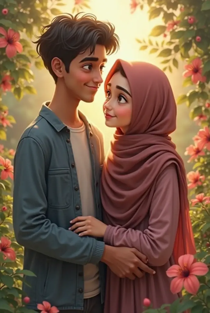 A Islamic boy and a Islamic girl, a catching hand each other, sitting in the garden, Boy name mahad and girl name my Jan A.