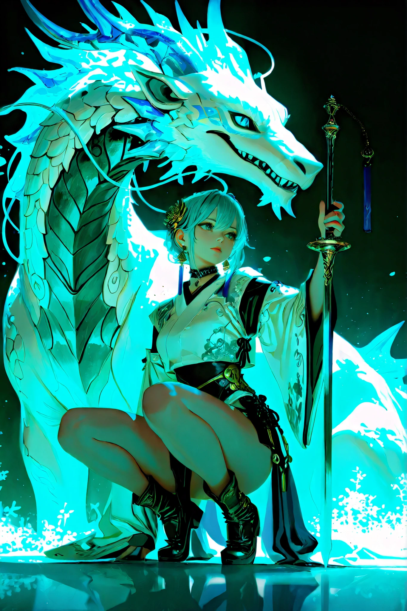 ((low angle)) A stunning female warrior inspired by Asian mythology and designed as a high-end video game character. She has shoulder-length blue hair, sharp ice-blue eyes, and wears a flowing Asian-style battle outfit — wide sleeves, structured layers, dark icy tones, and detailed polar bear motifs such as fur accents, claw emblems, and arctic tribal embroidery.
Her pose is dynamic and combat-ready, squatting slightly with her knees bent, torso turned in a powerful angle. She holds a large, intricately designed frosted medieval glaive, infused with icy energy.
Around her neck, a dark choker with ancient runes gleams under the light. Her face is intense yet noble, embodying the calm power of an apex predator.
The background is a luxurious, ornate Asian tapestry, full of embroidered patterns and subtle symbols—dragons, sakura branches, and glacial waves—woven in deep blues, silvers, and whites. The tapestry is textured and softly lit, giving the sense of a frozen mural.
She emerges from the tapestry, illuminated with cool rim light and soft ambient mist, as if stepping out of myth into reality. Her presence breaks the flatness of the woven backdrop, with 3D depth, shadows, and subtle light reflections on snow particles that contrast with the ornate flat design behind her.
The scene feels elegant, legendary, and cinematic. A fusion of folklore, combat, and elemental ice magic.