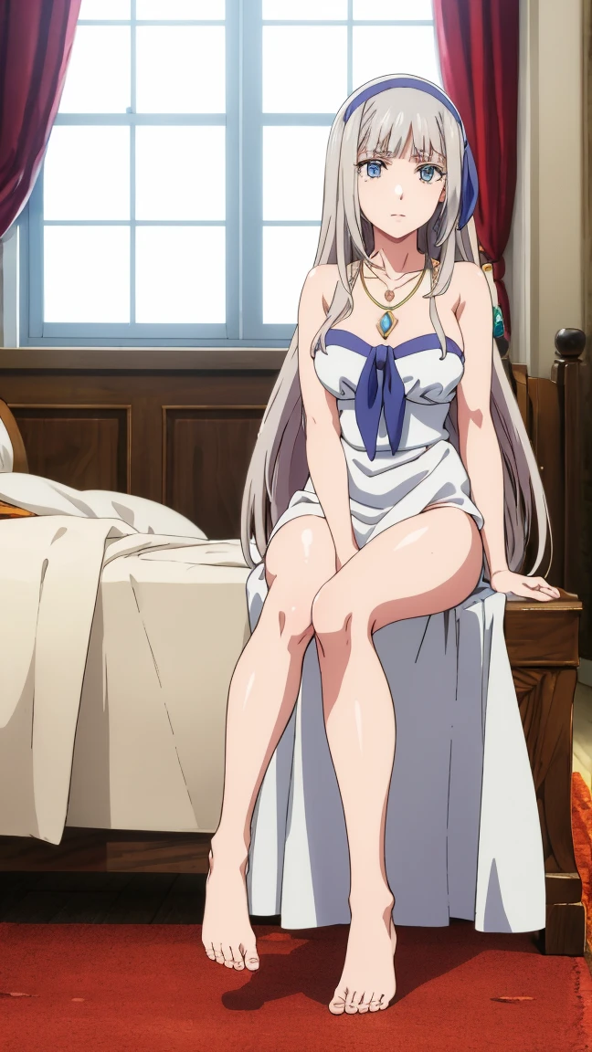 Nipples exposed、White panties、White bra、In underwear、masterpiece, highest quality, 8K,Mylene HFV4, Anime Coloring,  One girl,  jewelry, hair band, blue hair band,Very long hair,Pink 