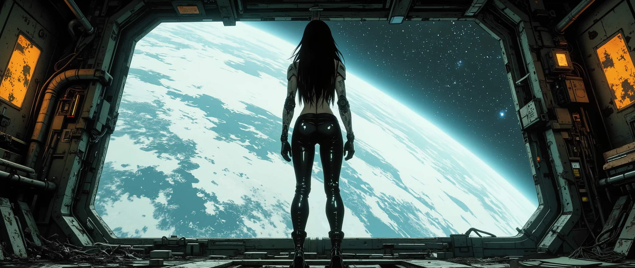 [Background art]] The setting of a futuristic, cyberpunk-style spaceship, with a dark, retro atmosphere, inspired by 90s anime. An empty room inside a ship, with a huge window to space. The rectangular window shows the dark space and the curvature of the Earth. The interior of the ship is dimly lit. [[Low angle]] A woman faces the window, as if thinking about something. She is wearing a black leather outfit and high-heeled combat boots. She has long black hair and cybernetic arms. The walls show signs of rust and age. The anime style features an anime background and a 32k cel tone technique. The rendering is in the style of the animes Vampire Hunter: Bloodlost, Blame, and Black Lagoon. Exposed wires. The ship has a steampunk style. The interior is not oval, but rather linear, straight, and linear, inspired by post-apocalyptic spaceships. The interior setting is Mad Max style.[[ From the window you can see the earth from outer space