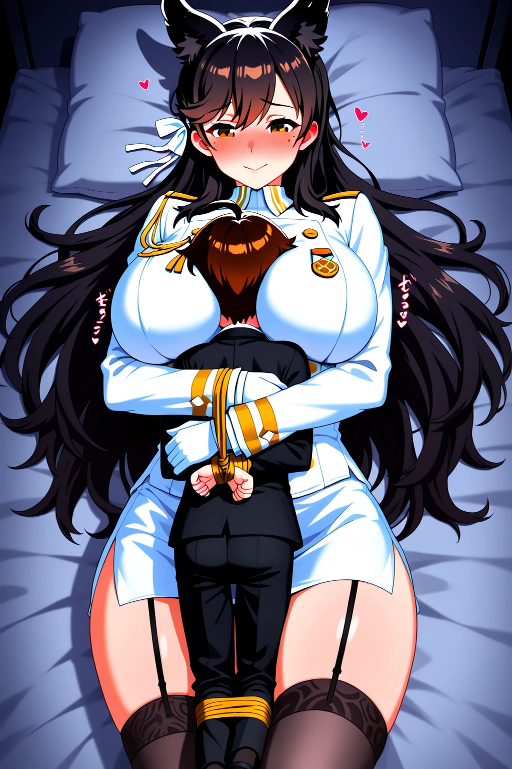 _asura style, 1girl, solo focus, atago (azur lane), anal sex, 2boys, hetero, huge penis, dress, blush, wet, rape, blowjob, lying on back