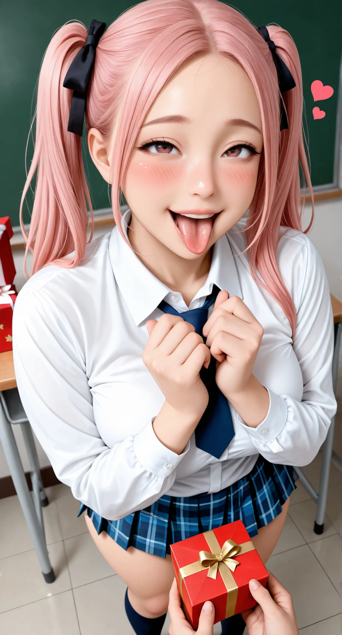 score_9, score_8_up, score_7_up, score_6_up, score_5_up, score_4_up, source_Genuine, tag1, tag2, quality_masterpiece, anatomically accurate, Realistic, 1 Female, beautiful idol girl, Gal、young、 cute、standing, closed Big Breasts, thick thighs , Thick arms, pink hair、 twin tails、 side lock, Bewitching Smile, Ahegao、 embarrassed , shy, Drunk Eyes, Happy BREAK EVALUATION_Explicit, Close-up, High Angle, open her mouth , please stick out tongue , flap, ((present box on hands)), present box shaped heart, excited , school uniform、 closed white shirt、 plaid skirt 、classroom, from below, from hip up, bare forehead,