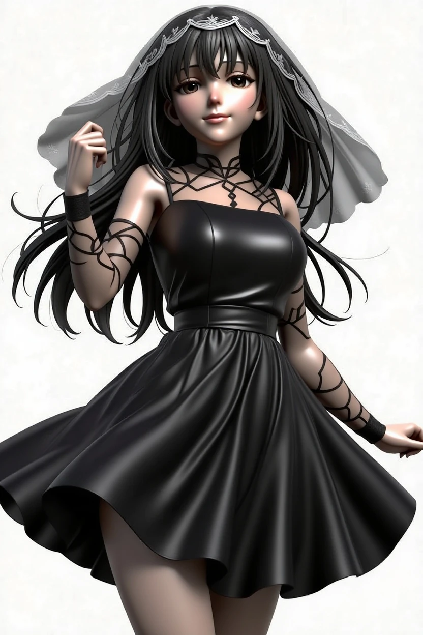 Woman in black holding scissors with her right hand stretched forward