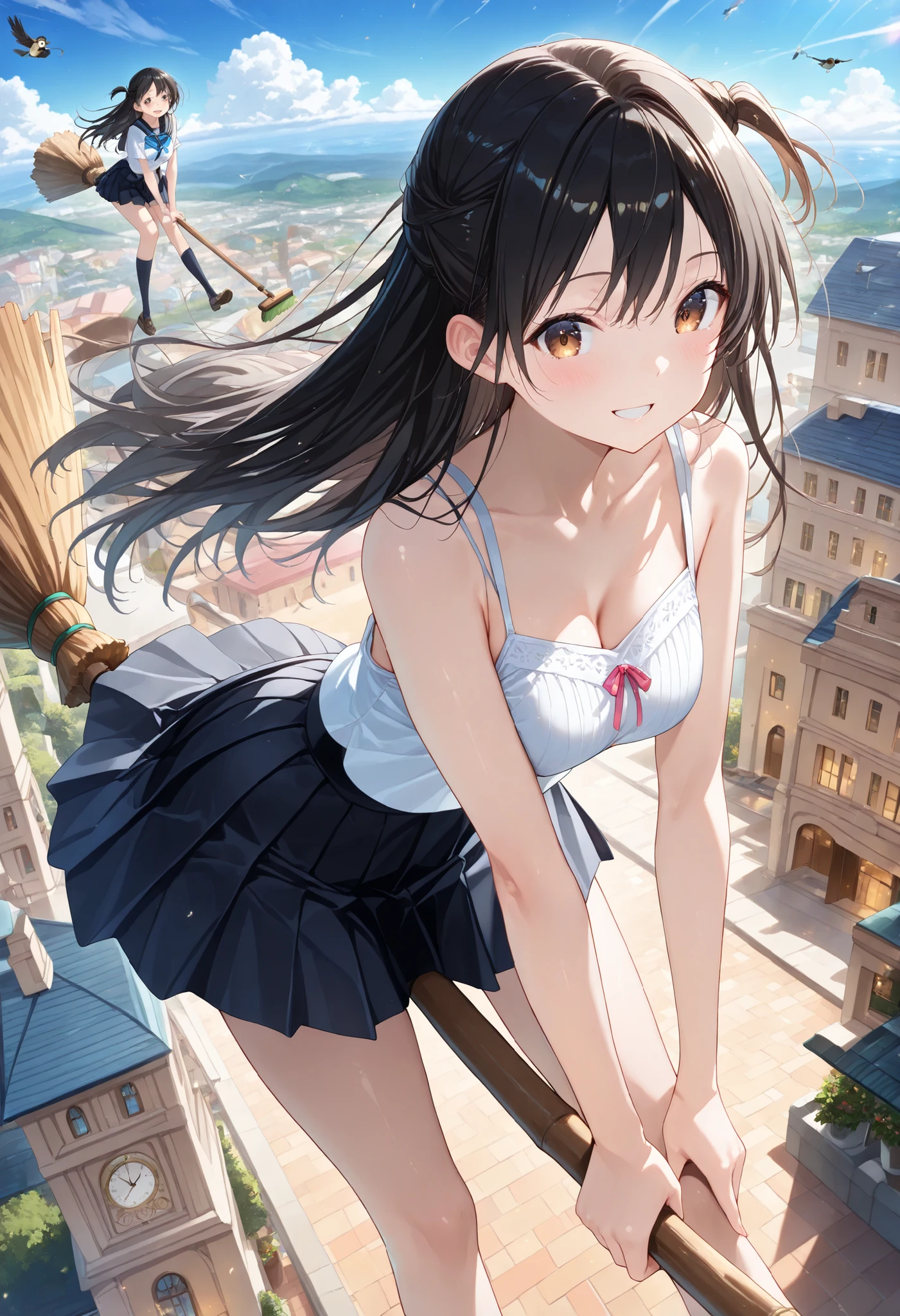 Top quality, masterpiece, ultra high definition , Chizuru, Ichinose Chizuru, school uniform,(seifuku:1.2),19s,,(Astride a broom:1.2),(Floating in the air:1.3),((Long hair)), ((Black hair)), ((One-side up)), ((Brown eyes)), ((20 years old)), ((Young adult)), ((A wizard girl riding a broom:1.2)), (Magic broom)), ((Flying in the sky:1.2)), ((Feeling the wind)), ((White cropped camisole)), ((Pleated skirt)), ((Clock)), ((Uniform)), ((Skirt)), Medium breasts, ((Uniform)), ((A girl looking at a beautiful seaside town from above)), ((A stylish town)), ((Blue sky)), ((A bird is flying next to her)), ((Cumulonimbus clouds:0.3)), ((Clothes fluttering in the wind)), ((Fluttering skirt)), ((Black skirt)), ((Soft morning light)), ((Morning sun)), ((Warm atmosphere)), A touching summer scene, she is leaning forward a little,smile,