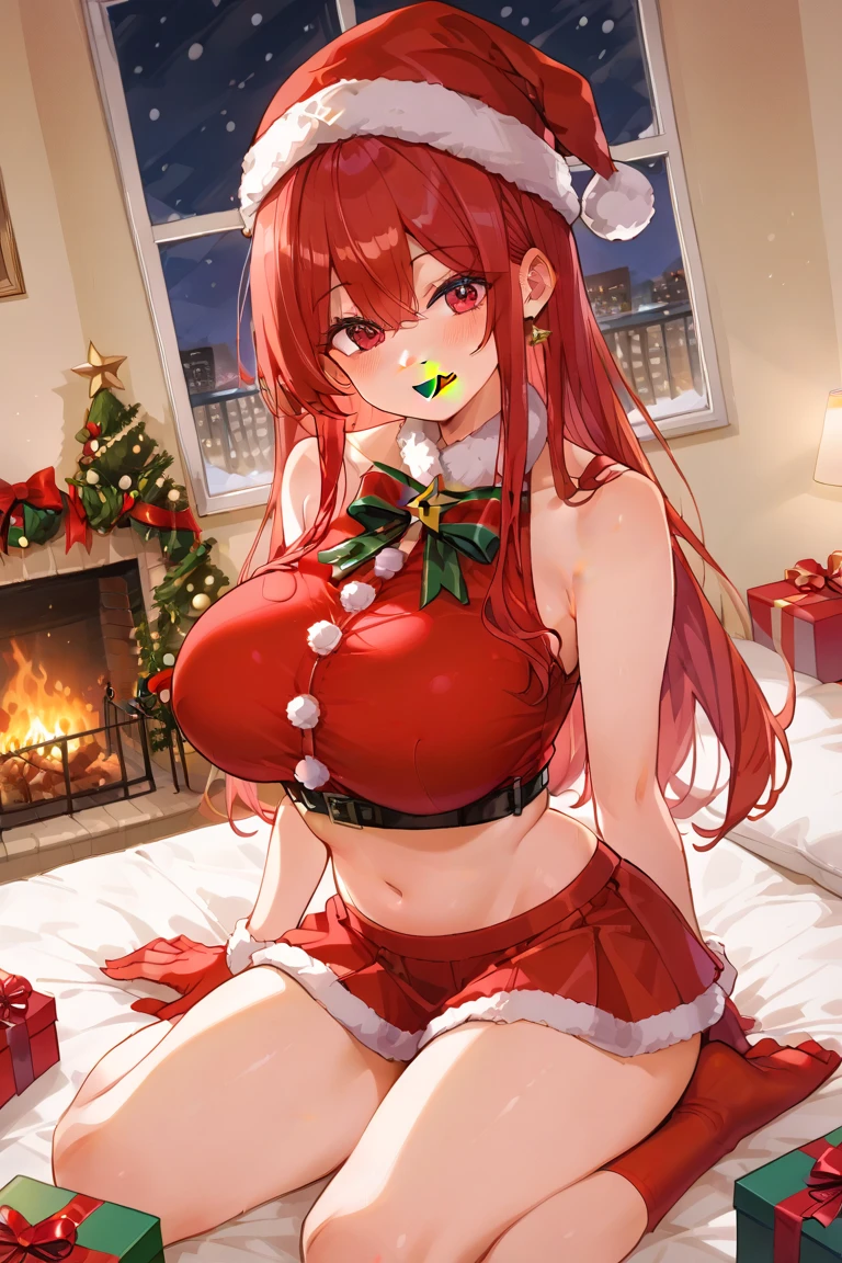 High quality, masterpiece, ultra-detailed, thighband pantyhouse, white lingerie, 1girl, solo, peaceful expression, long red hair, enchanting eyes, heterochromia, blue and green eyes, fox ears, ridiculously large breasts, grabbing own breast, shiny skin, bedroom, christmas