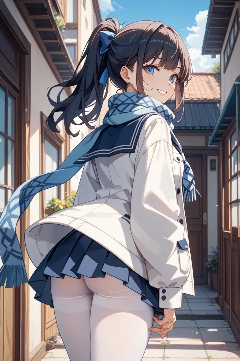One girl,Hotaru、Gentle expression、smile、Welcome、uniform、skirt、blue sky、rooftop、looking back,skirt lift,panty shot,Light blue string panties、A complete depiction of the human body、masterpiece, Highest quality, Game CG, ultra detailed、highres、extremely detailed CG 