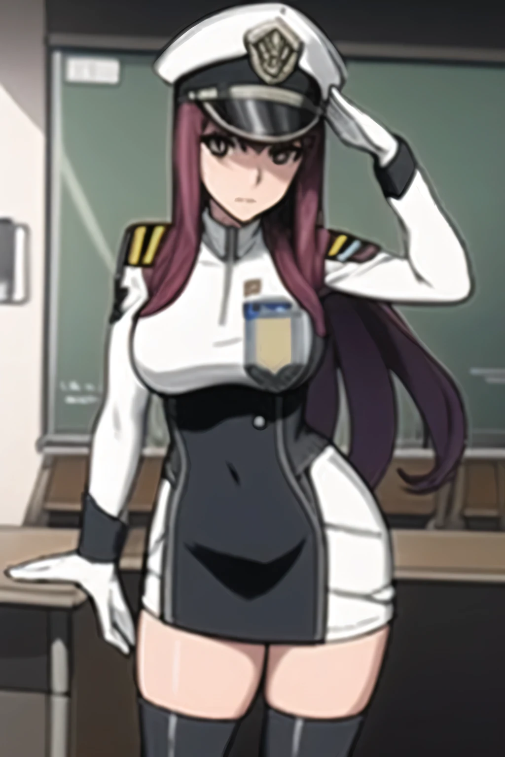 can you draw the whole particle more delicately,can you draw her expression more delicately,Can you draw the particles more delicately,ブルーグレー色Military uniformの女性,Greeting pose,femininity standing at the teacher's house,I'm on a spaceship bridge,can you draw delicate expressions,,Please draw an octahedral balance with beautiful femininity,Large breasts hidden in a uniform,,can you accurately draw hands and feet,big breasts but thin waist,amazing thighs ,Femininity in an upright salute position,A woman with a serious expression,Military uniform,Uniform cap,wearing black tight slacks,Short Boots,femininity standing at the teacher's house,Breasts hidden in a uniform,miniskirt,draw a woman wearing long boots,draw a woman looking at me with a gentle expression,