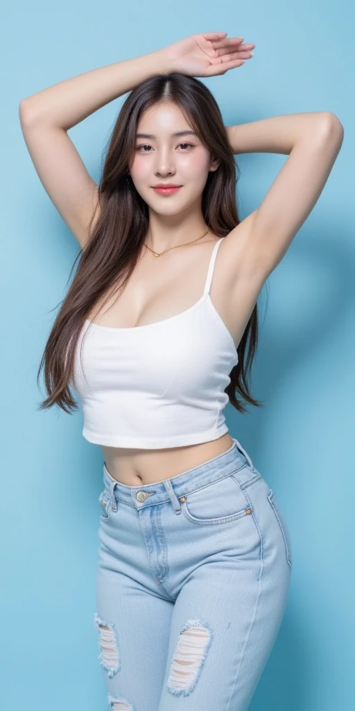 ((white background, Best quality, 8k, Masterpiece :1.3)), Whole body, Long legs, Sharp focus :1.2, A pretty woman with perfect figure :1.4, Slender abs :1.1, ((Dark brown hair, Big breasts :1.2)), (White tight tshirt, Jean bib, Standing:1.2), Highly detailed face and skin texture, smiling, Detailed eyes, Double eyelid, Taking V-signs