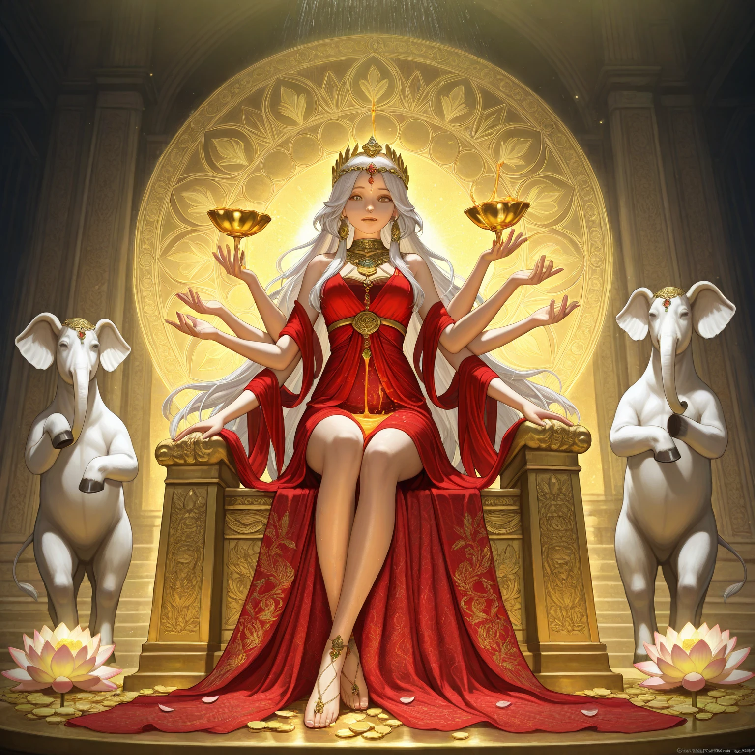 The fairy sits on a lotus,Wearing a golden crown on his head,The middle head has lateral faces on either side,Each of the eight arms holds a magic weapon,Barefoot on both feet,Seven piglets have ropes attached to the cart on their backs,The car has left and right wheels,The background has a round light,Clear and clean sky,