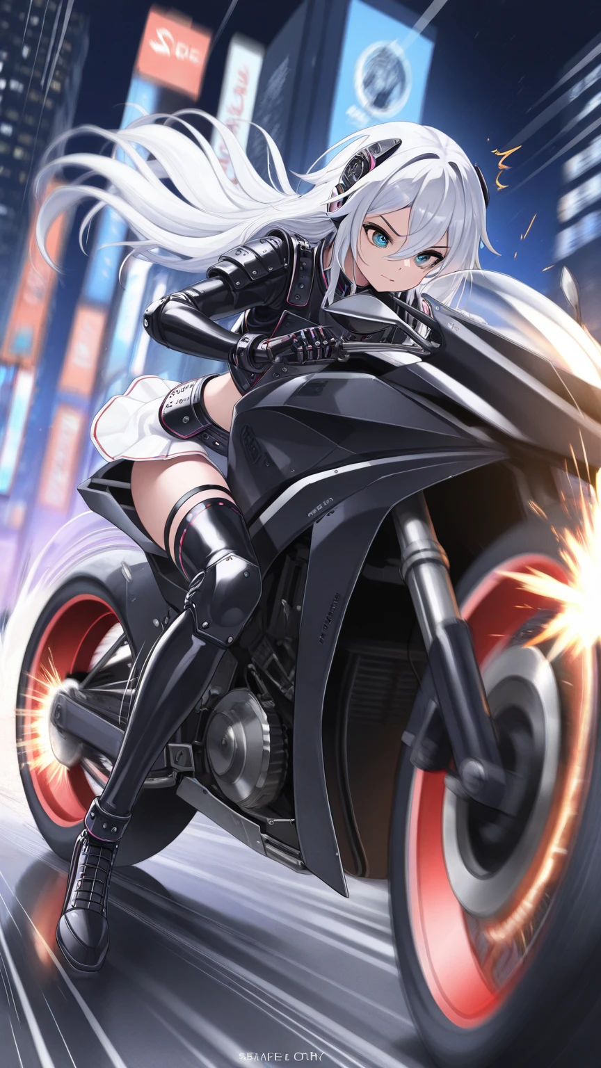 ((best quality)), ((highly detailed)), masterpiece, ((official art)), (detailed eyes, deep eyes), (1girl), full body, <lora:Change-A-Character Badass Biker:1>, BikerC, motorcycle, neon lights, night, starry sky, BREAK 3girls, <lora:cerberusHelltaker_v10:1>, cerberus \(helltaker\), white hair, long hair, (red eyes), dog ears, demon tail, medium breasts