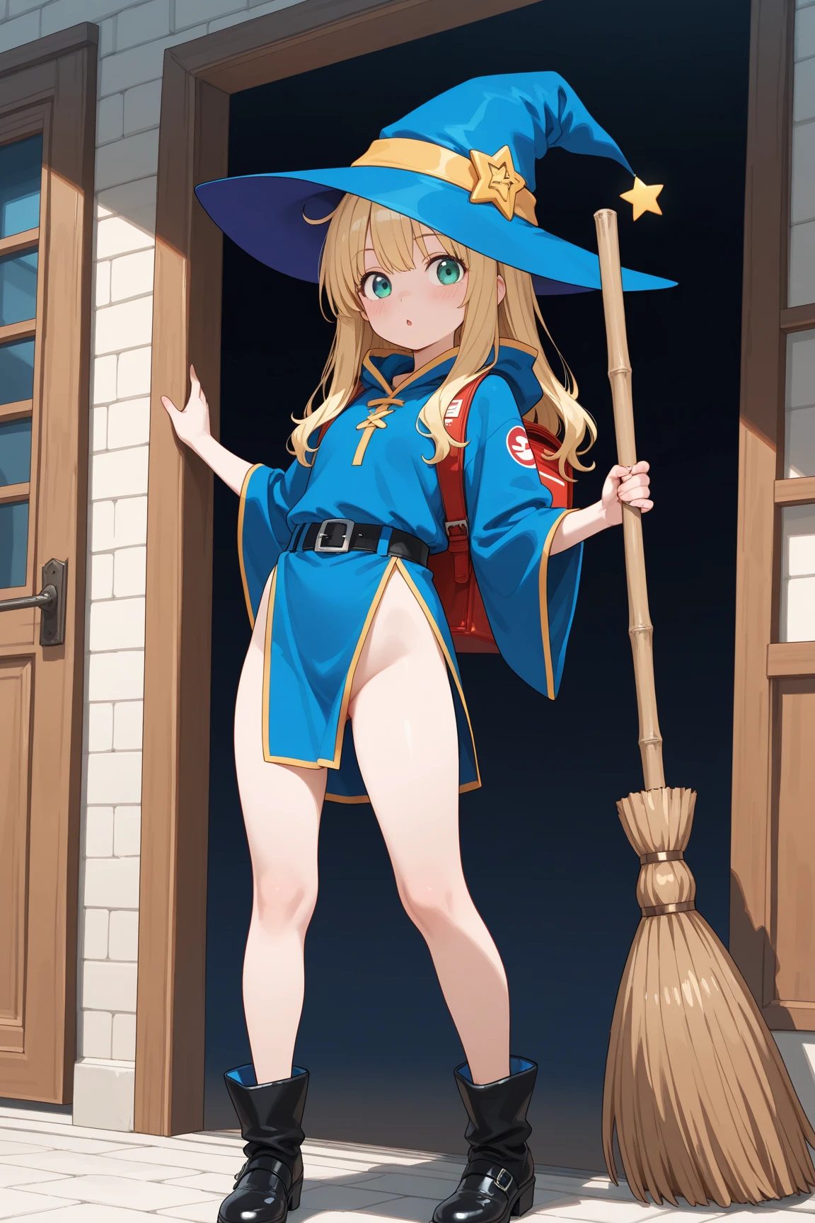 ((best quality)), ((highly detailed)), absurdres, (detailed eyes, deep eyes), <lora:more_details:.4>, (1girl), contrapposto, standing, ((legs apart)), crossed arms, cowboy shot, from below, looking at viewer, witch, witch hat, broom, (outside, at a wild west town, dawn, sunrise), <lora:SaltyXodium_Style:.8>, SaltyXodium, soft lineart, loft shading