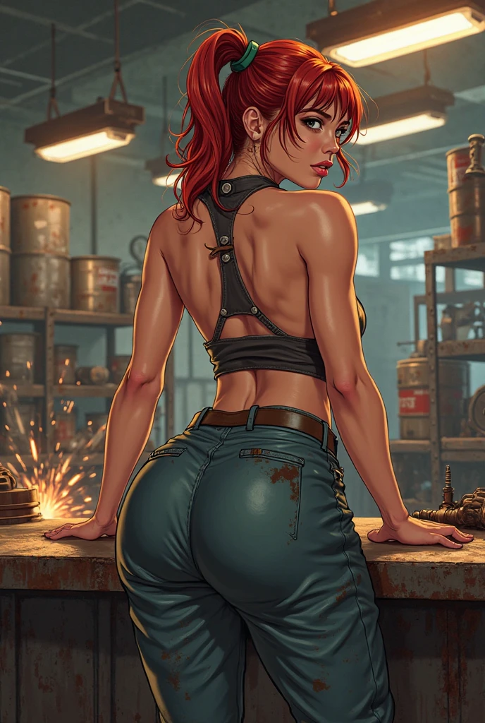 A sexy female mechanic, sexy torn mechanic overalls, topless, bare midriff, pin-up aesthetic, high detail face, high detail skin, 8, HDR, high resolution, photo-realistic, cinematic lighting, depth of field, bokeh, rim lighting, backlit, cool colours, night