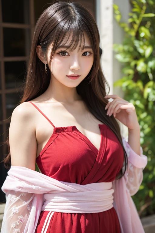 1 realistically beautiful girl, waist length hair, black eyes, ancient Ao Dai, style hanfu, wearing a thin silk shirt of ancient China, pink and smooth white skin, wearing a discreet ancient style ao dai, appears shoulders and head in the photo,cute little face, eye bags under wet makeup, plump red lips, pout, ((closed mouth:1.0)), balanced incisors, embarrassed, small face makeup detailed and very beautifull, The breasts are super round and tight, breast augmentation, blum boobs, Cover the girl's chest with a camisole inside, blush, from front, wear earrings, necklaces, from above, looking at viewer, upturned eyes, full body, masterpiece, top quality, best quality, official art, unity 8k wallpaper, highres, ultra-high res, ultra-detailed, (photorealistic:1.2), alone, solo, Only 1 girl, style hanfu Dunhuang, 10x pixels, super realistic, ultra high quality, full body view of the girl, upper body,