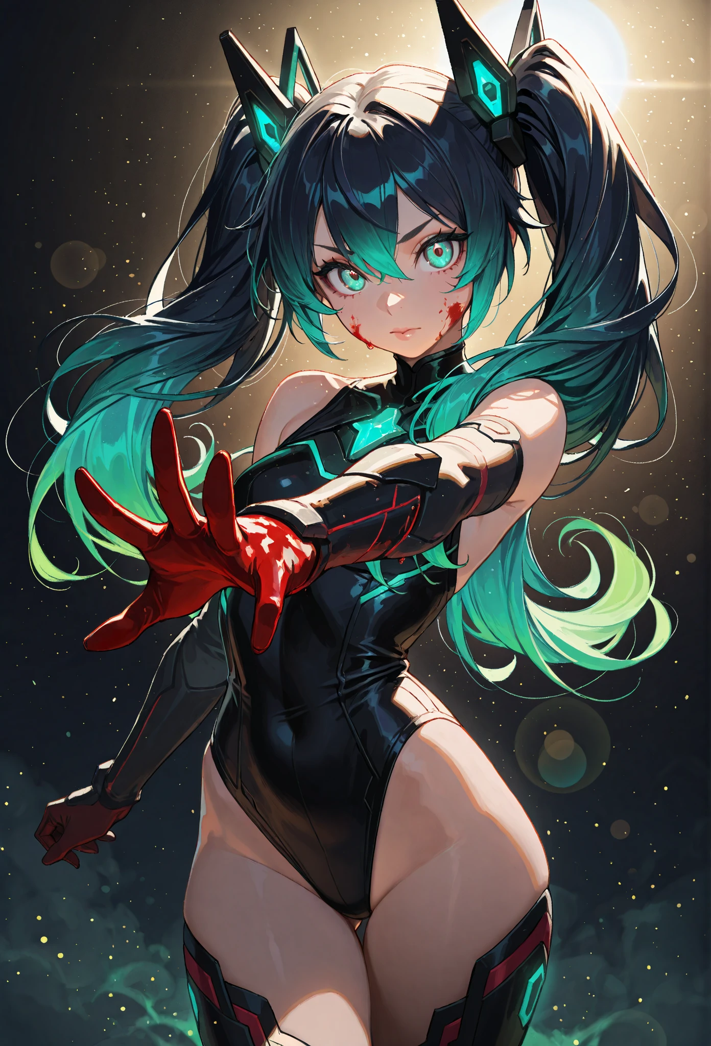 The upper body is Hatsune Miku,The lower body is a large spider,blue hair,Eight red eyes,,{{Best quality}}, {{Masterpiece}}, {{Ultra-detailed}}, {illustration}, {Detailed light}, {An extremely delicate and beautiful}Messy floating hair, Colored inner hair, Starry sky adorns hair, depth of fields,Loli,Largest breasts,The head has three horns,There are five-color lines on the body,Black sclera,Highly detailed, High quality, Masterpiece, Long hair, Execution, teeth, Horror (Theme), Smile, Sharp teeth, Glowing, Dark, Blood, The longest tongue, grin, Glowing eyes, Evil smile,The lower body has only eight spider legs,There are spines in the spine,Stick out your tongue,There are red glowing square gemstones and square sapphires on the chest,The sharpest claws,Eight hands,holding a scythe,Venom is spread throughout the body,red colored skin{meticuloso},There is an eye in the palm of the hand,The spine has raised spines,The arm turned into a snake,There are bone spurs on the tail,Lamia, scutes,Human sharks, maid, Fins, Underwater, full bodyesbian, navel, Original Character, voluminetric lighting, Best shadows, Shallow depth of field, stunningly beautiful girl, Petite, Delicate Beautiful Attractive Face,harpy, feater,