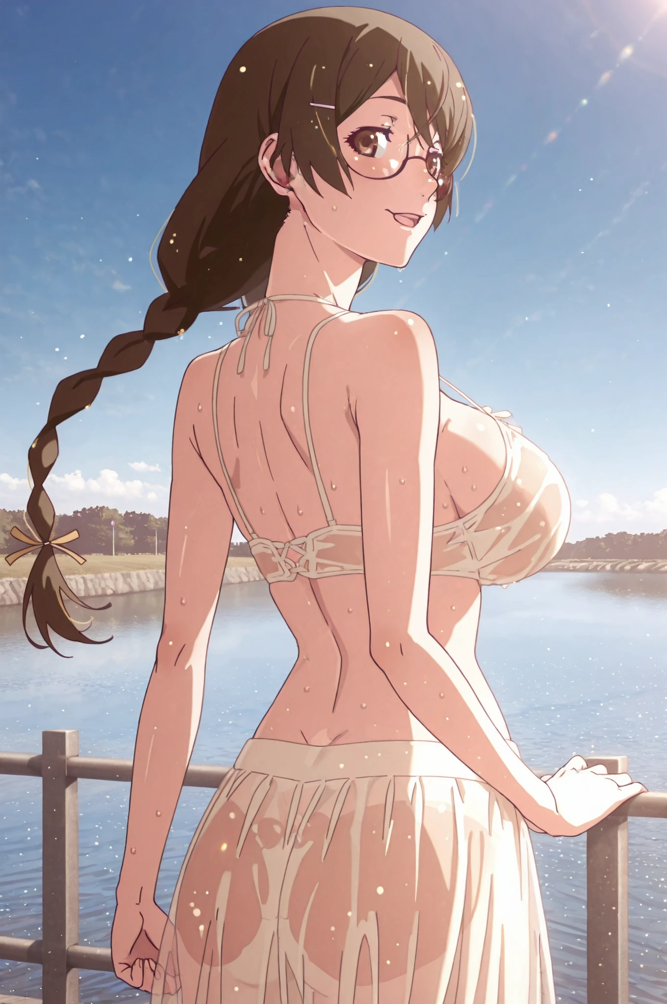 score_9, score_8_up, score_7_up, score_6_up, uncensored, shinra, yellow eyes, long hair, black hair, glasses, semi-rimless eyewear, under-rim eyewear, parted bangs, BREAK detailed eyes, (perfect hands, perfect anatomy), detailed skin texture, (blush:0.5), (goosebumps:0.5), excessive sweating, sweating profusely, sweating drop BREAK, 1girl, outdoors, solo, swimsuit, bikini, looking back, sarong, looking at viewer, sunset, dusk, white bikini, blurry, tree, from behind, depth of field, breasts, bush, see-through, ass, parted lips, large breasts, smile, back, blurry background, shoulder blades, halterneck, beach, plant, dappled sunlight, sunlight, water, bare arms, standing, white sarong, cowboy shot, sideboob, bare shoulders, ocean, tree shade, shade, foliage, nature, sky