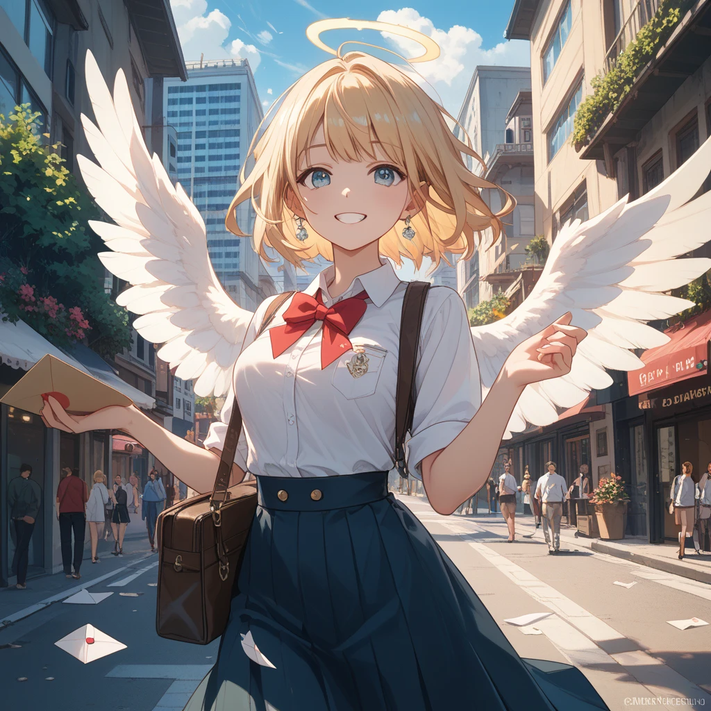 1girl,20s,happy,white shirt,black standard tie,short sleeves,black school skirt,short hair,light blonde hair,pointy ears,harpy wings,sky,day,sunlight, illuminated,