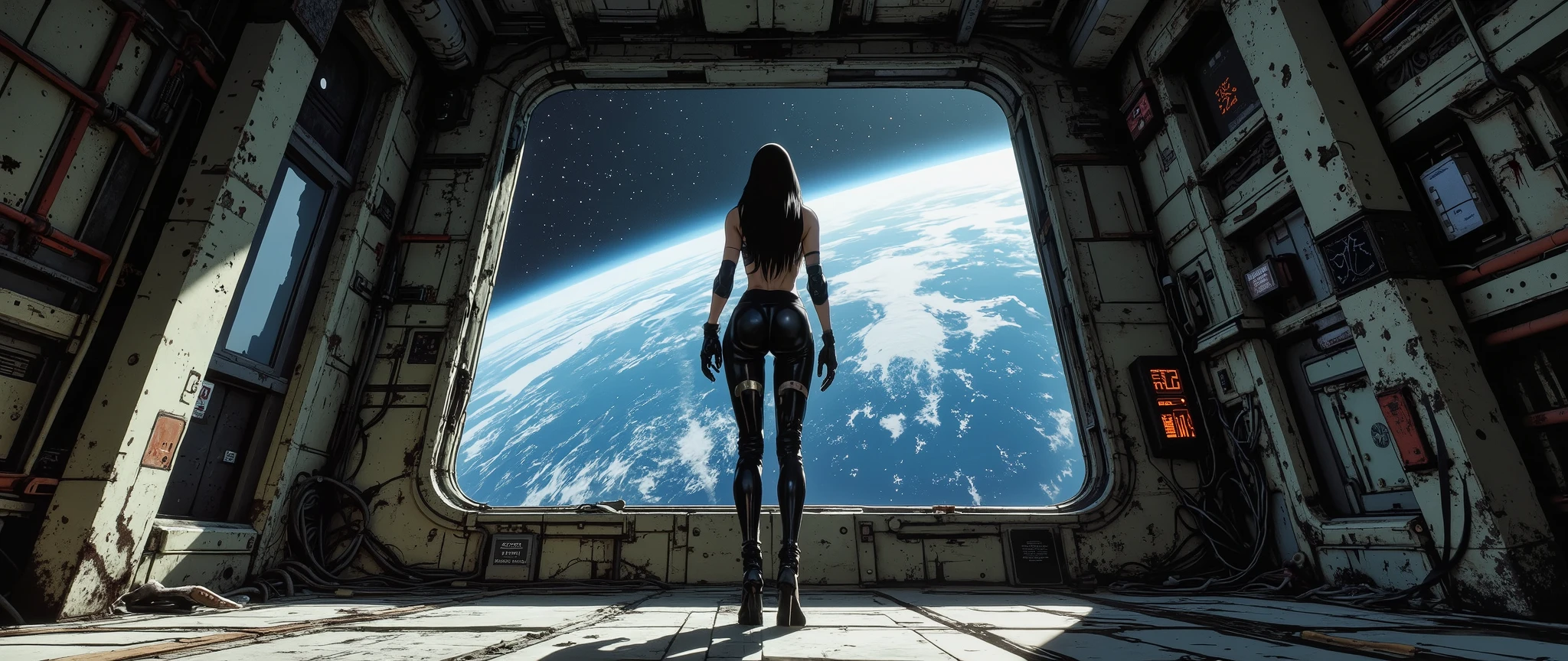 [Background art]] The setting of a futuristic, cyberpunk-style spaceship, with a dark, retro atmosphere, inspired by 90s anime. An empty room inside a ship, with a huge window to space. The rectangular window shows the dark space and the curvature of the Earth. The interior of the ship is dimly lit. [[Low angle]] A woman faces the window, as if thinking about something. She is wearing a black leather outfit and high-heeled combat boots. She has long black hair and cybernetic arms. The walls show signs of rust and age. The anime style features an anime background and a 32k cel tone technique. The rendering is in the style of the animes Vampire Hunter: Bloodlost, Blame, and Black Lagoon. Exposed wires. The ship has a steampunk style. The interior is not oval, but rather linear, straight, and linear, inspired by post-apocalyptic spaceships. The interior setting is Mad Max style.[[ From the window you can see the earth from outer space
